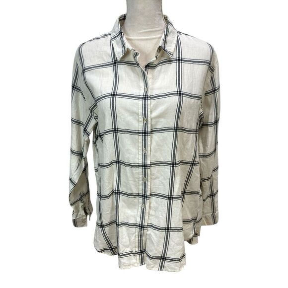 NEW H&M Womens White Black Plaid Solid Long Sleeve Bottom‎ Down Shirt Size 12 - Picture 1 of 9